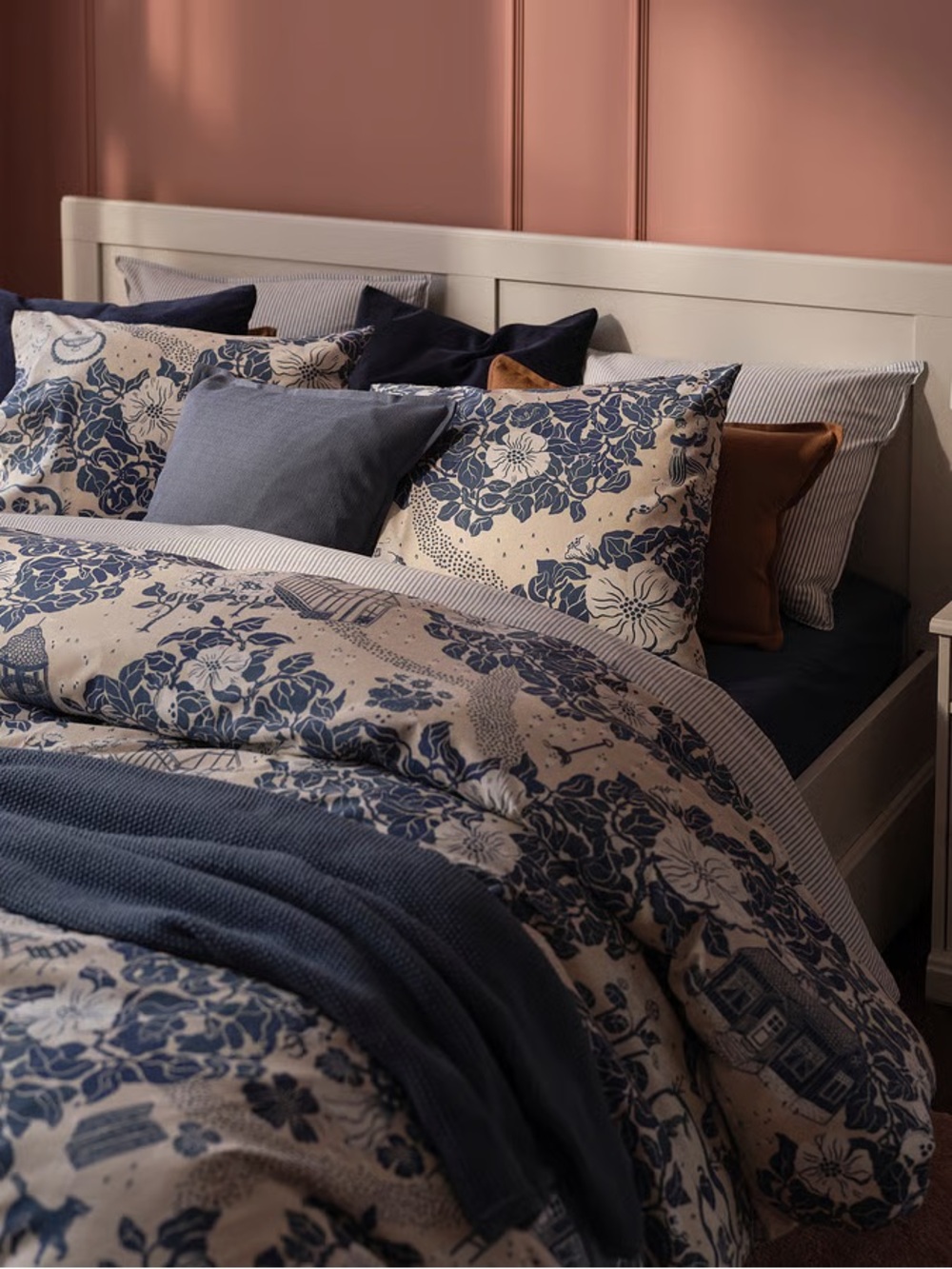 Blue Floral Cotton Duvet Cover Set - Classic Navy and Cream
